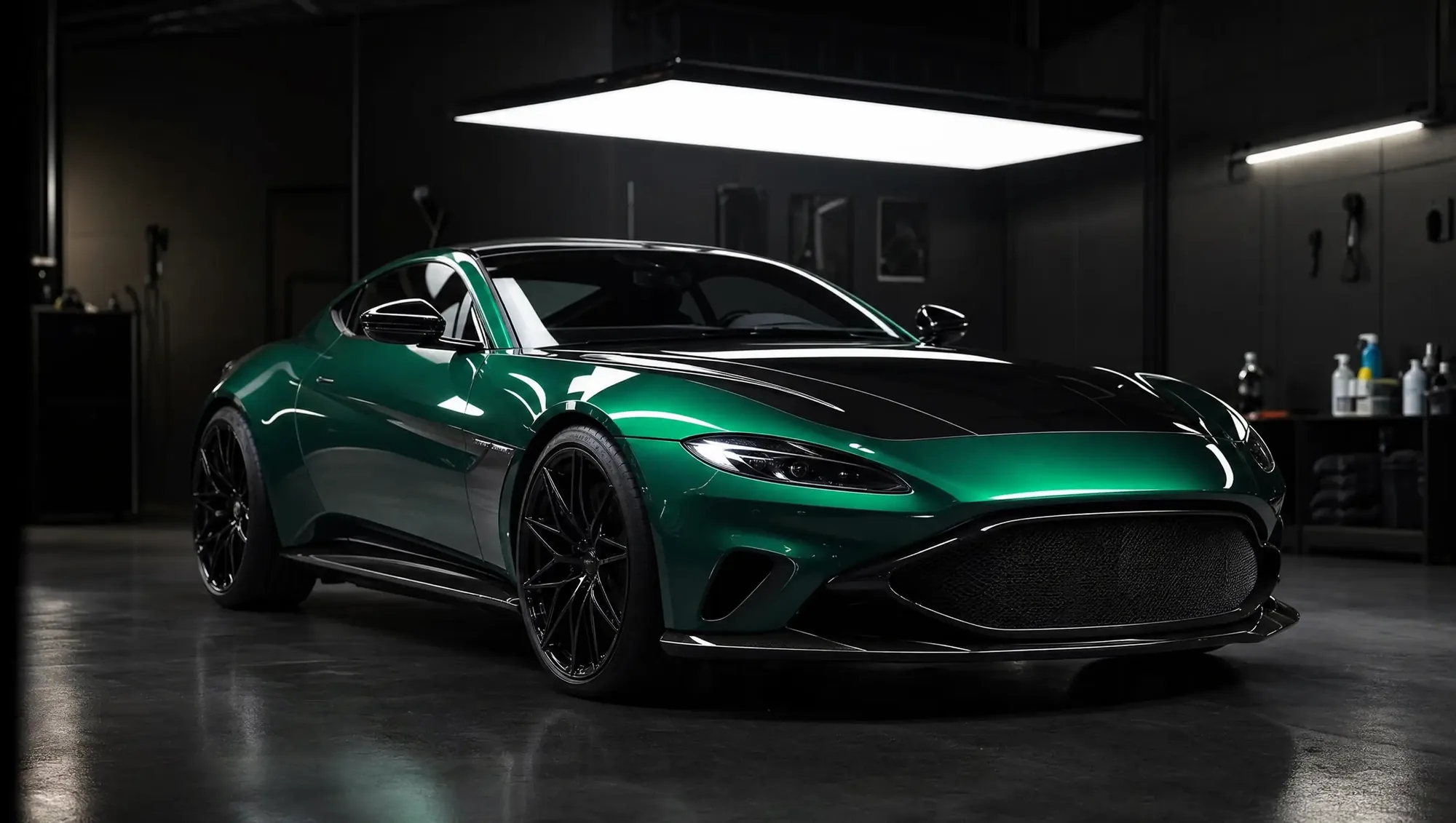 Emerald luxury coupe under studio light